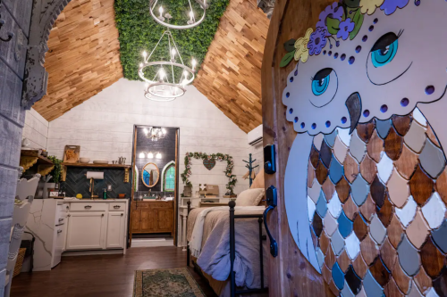 Cozy cabin interior with wooden accents, a kitchen area, and an owl-themed door, featuring greenery and warm lighting.