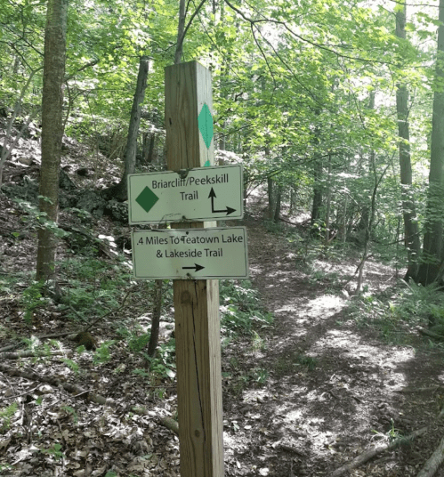 Trail sign indicating Briarcliff/Peekskill Trail and directions to Teatown Lake & Lakeside Trail, surrounded by trees.