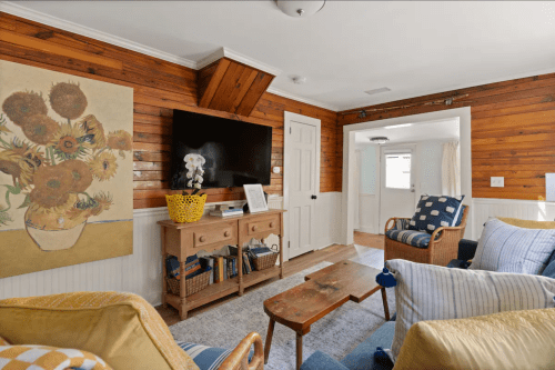 Cozy living room with wooden walls, a TV, a coffee table, and colorful furniture, featuring a sunflower painting.