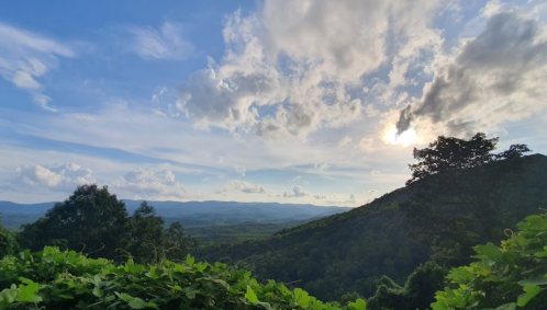 A scenic view of rolling hills under a blue sky with clouds, illuminated by the setting sun. Lush greenery in the foreground.