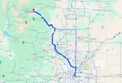 Map showing a route from Estes Park to Denver, with estimated travel time of 1 hour 28 minutes.