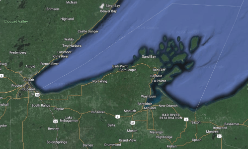 Map showing Bark Point and surrounding areas near Lake Superior, including towns like Port Wing and Ashland.
