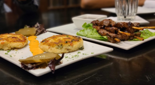 Two plates of food: one with patties and sauce, the other with skewered meat on lettuce, garnished with pickles.