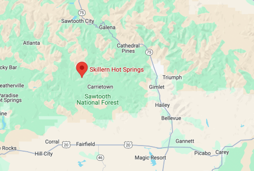 Map showing Skillern Hot Springs located in the Sawtooth National Forest, near Galena and Hailey, Idaho.