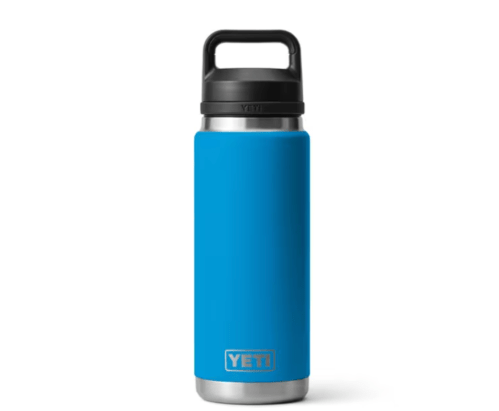 A blue YETI stainless steel water bottle with a black lid.