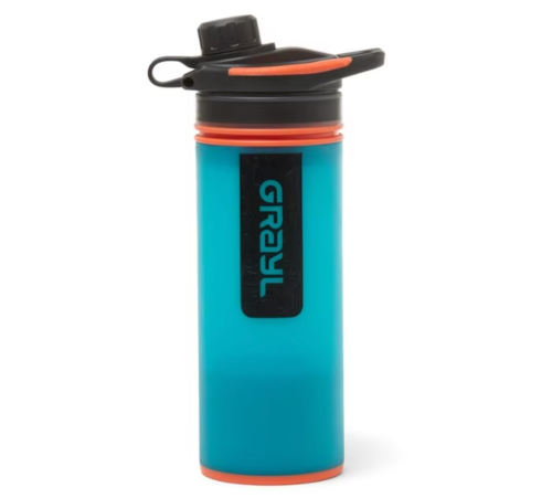 A blue and orange water bottle with a black lid and a logo that reads "GRAYL."