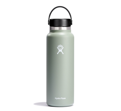 A green stainless steel Hydro Flask water bottle with a black lid and handle, featuring a logo on the front.