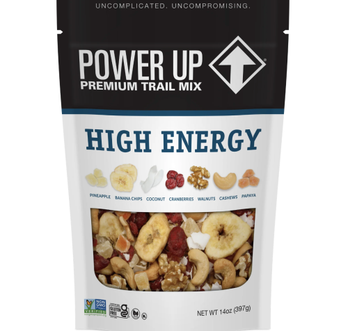A bag of Power Up Premium Trail Mix labeled "High Energy," featuring dried fruits and nuts. Net weight: 14 oz.