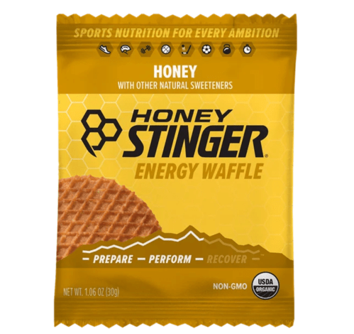 Honey Stinger Energy Waffle package, featuring a honey flavor and labeled as organic and non-GMO.