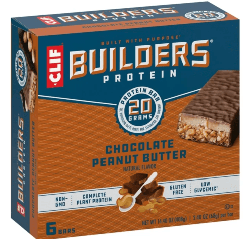 Box of Clif Builders Protein bars in chocolate peanut butter flavor, featuring 20 grams of protein and gluten-free label.