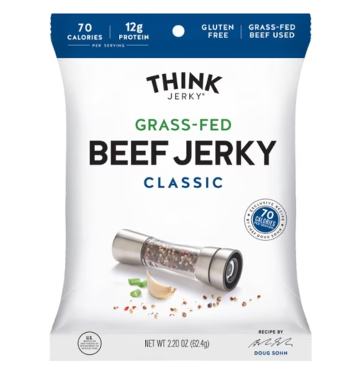 Package of Think Jerky Classic Grass-Fed Beef Jerky, featuring a pepper grinder and nutritional information.