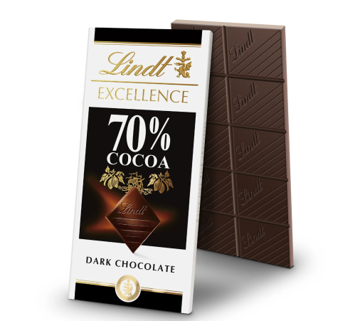A bar of Lindt Excellence 70% cocoa dark chocolate, with a sleek black and white packaging design.