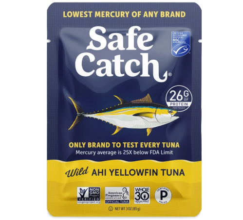 Pouch of Safe Catch Wild Ahi Yellowfin Tuna, highlighting low mercury content and high protein. 3 oz package.