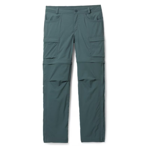 Gray zip-off cargo pants with multiple pockets, designed for outdoor activities.