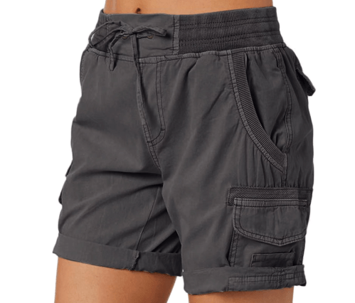 Gray cargo shorts with an elastic waistband and rolled cuffs, featuring side pockets and a cargo pocket.
