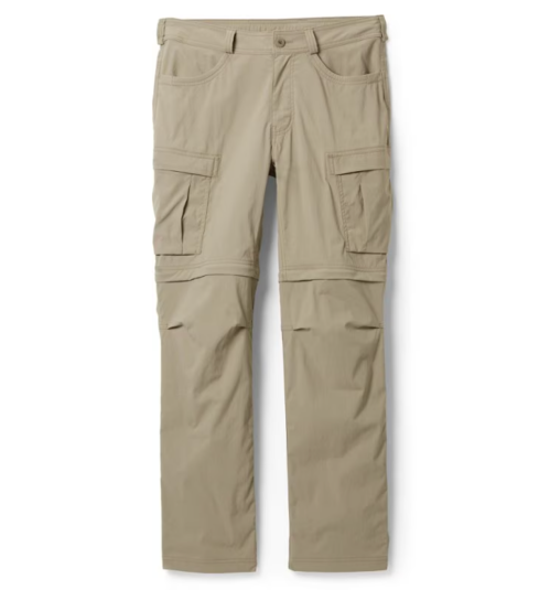 Beige cargo pants with zip-off legs, featuring multiple pockets and a relaxed fit.