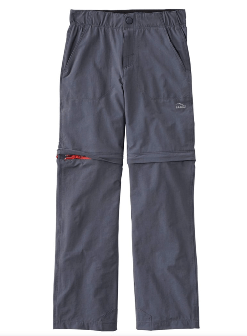 Gray zip-off pants with an elastic waistband and a logo on the side, designed for outdoor activities.