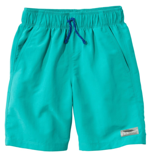 Turquoise swim shorts with an elastic waistband and blue drawstring, featuring a side pocket.
