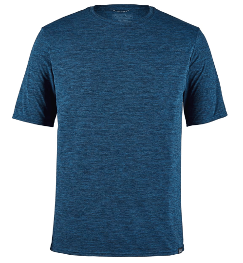 A short-sleeve, blue athletic t-shirt with a textured fabric design.