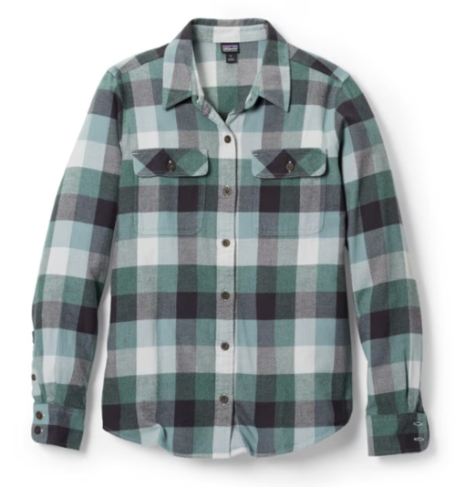 A long-sleeve plaid shirt in shades of green, blue, and gray with two chest pockets and button-up front.
