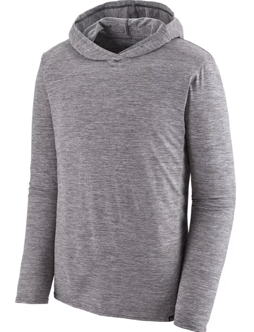 Gray long-sleeve hoodie with a relaxed fit and a hood, made from a lightweight, textured fabric.