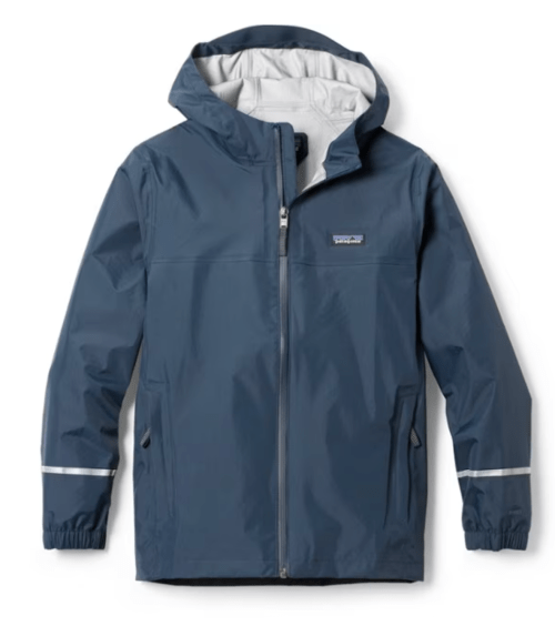 A navy blue waterproof jacket with a hood and reflective details, featuring a front zipper and elastic cuffs.