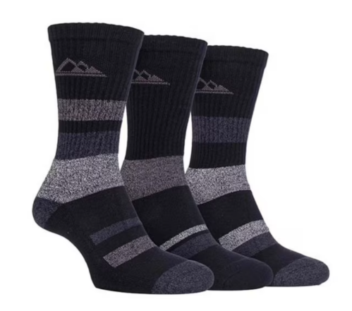 Three pairs of black and gray striped socks with a mountain logo on the cuff.