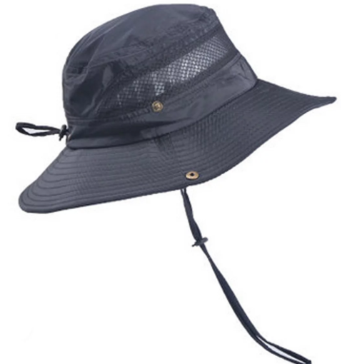 A navy blue outdoor hat with a wide brim and mesh panels for ventilation, featuring a chin strap.