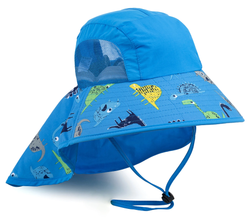 A blue sun hat with a wide brim, featuring colorful animal patterns and a mesh panel for ventilation.
