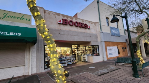A bookstore with a bright "BOOKS" sign, surrounded by shops and decorated with lights along the sidewalk.