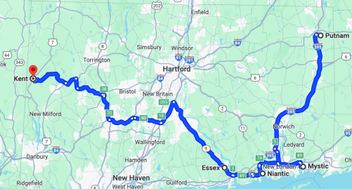 Map showing a route from Kent to Putnam, Connecticut, with major towns and highways marked along the way.