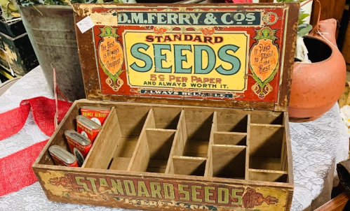Vintage wooden seed box with colorful graphics, compartments, and old seed packets inside.