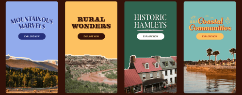 Four colorful panels featuring text: "Mountainous Marvels," "Rural Wonders," "Historic Hamlets," and "Coastal Communities."