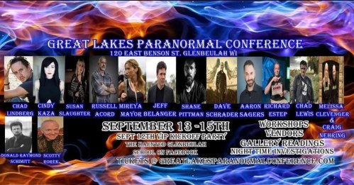 Promotional poster for the Great Lakes Paranormal Conference, featuring event details and speaker names.