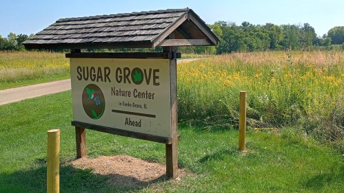 Sign for Sugar Grove Nature Center in Forsyth Grove, IL, with a grassy path and wildflowers in the background.