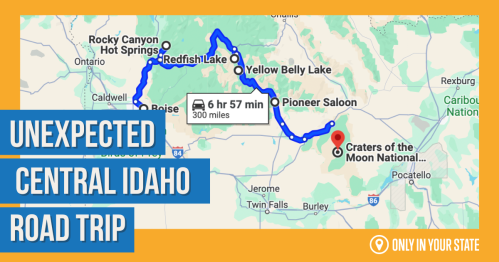 Map highlighting a road trip route through central Idaho, featuring key stops like Craters of the Moon National Park.