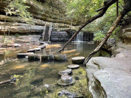 A serene natural scene featuring stepping stones in a calm waterway, surrounded by lush greenery and a small waterfall.