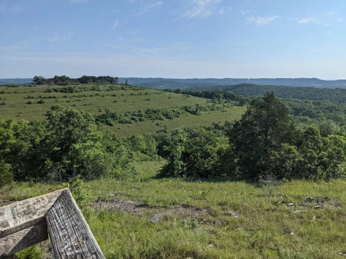 A scenic view of rolling green hills and trees under a clear blue sky, with a wooden railing in the foreground.