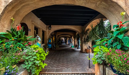 A charming archway lined with vibrant plants and flowers, leading to a quaint walkway with shops in the distance.