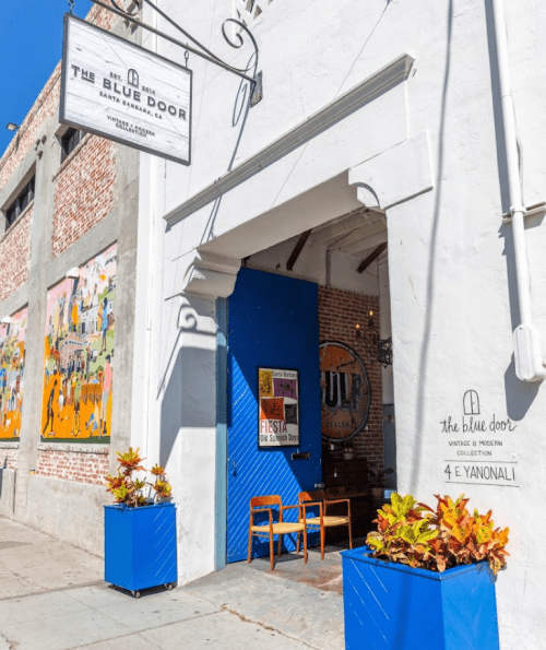 A storefront with a blue door, vibrant planters, and colorful murals on the wall, inviting visitors inside.