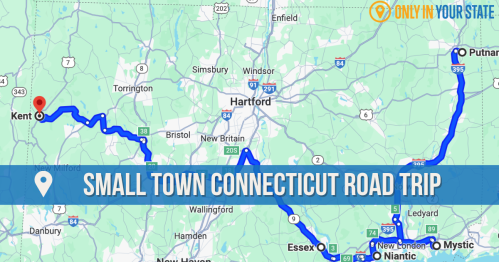 Map highlighting a road trip route through small towns in Connecticut, featuring key locations and highways.
