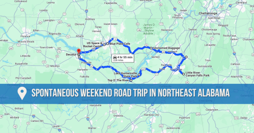 Map of a spontaneous weekend road trip in Northeast Alabama, highlighting key stops and route details.