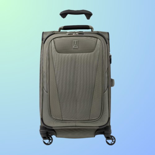A gray suitcase with wheels and a retractable handle against a gradient blue-green background.