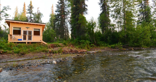 A cozy cabin by a clear river, surrounded by lush greenery and tall trees.