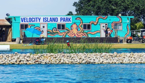 Colorful building with an octopus mural at Velocity Island Park, surrounded by water and greenery. People enjoying the area.