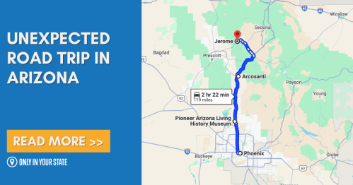 Map showing a road trip route from Phoenix to Jerome, Arizona, highlighting key locations and travel time.