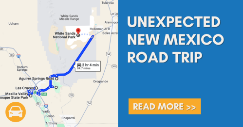 Map showing a road trip route from Las Cruces to White Sands National Park, highlighting Aguirre Springs Road.