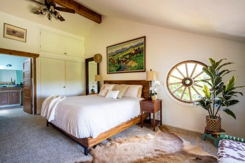 Cozy bedroom with a wooden bed, decorative plants, and a unique round window, featuring warm tones and natural light.