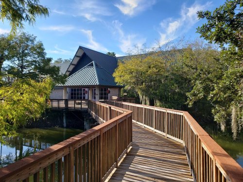 A wooden walkway leads to a building surrounded by trees and water, under a clear blue sky with wispy clouds.