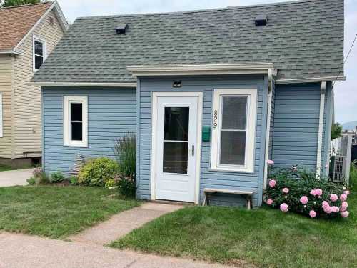 A small blue house with a gray roof, white door, and flower garden in front, located on a grassy sidewalk.